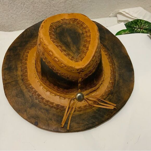 HAND-CRAFTED/TOOLED Cowhide Leather Cowboy/Trail/Riding Hat Horse Head Sz 9 - Picture 4 of 7